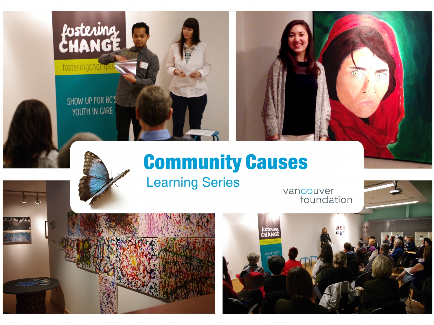 Blog Image_0 Collage of four images; two photos of artworks, and two photos of people speaking to an audience